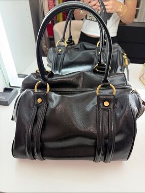 Zara Black Leather Duffel Satchel with Gold Hardware